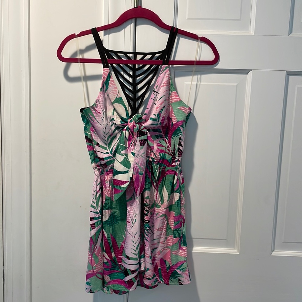 Pink and Green Tropical Print Romper